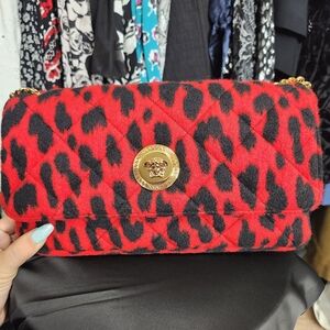 Versace Red and Black Leopard Print Chain Shoulder Bag